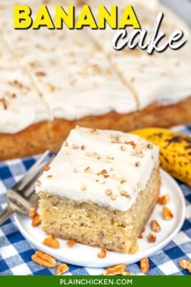 slice of banana cake on a plate with text overlay