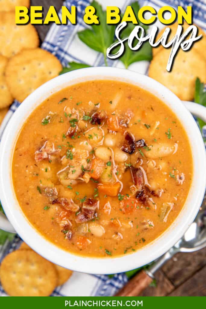 bowl of bean soup on a table with crackers with text overlay