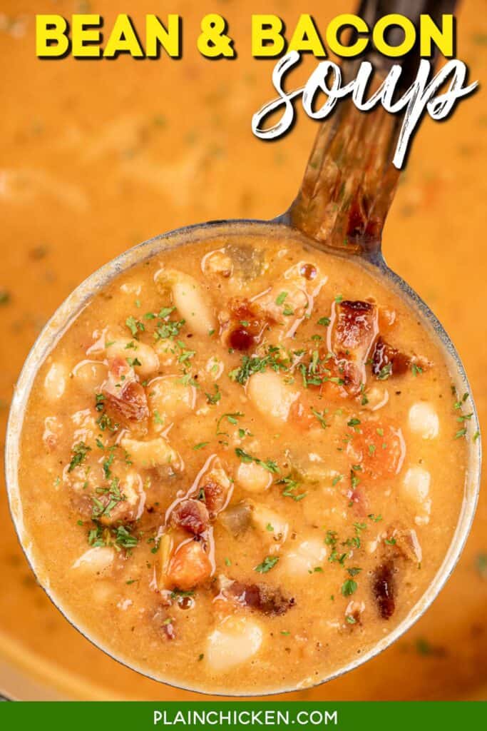 ladle of bean and bacon soup with text overlay