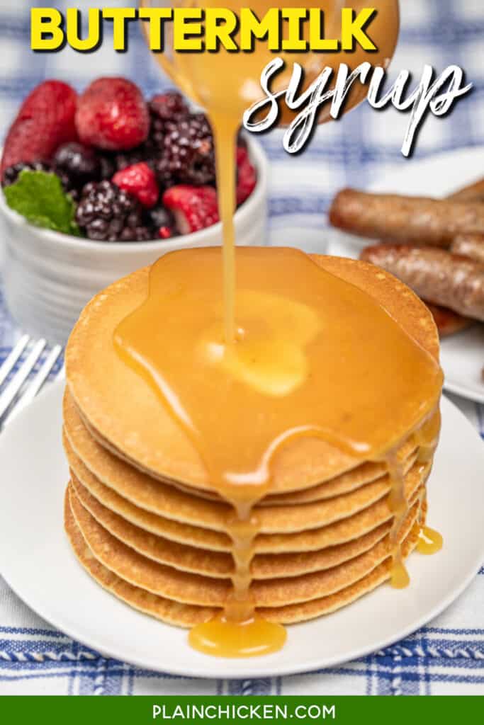 pouring syrup over a stack of pancakes on a plate with text overlay
