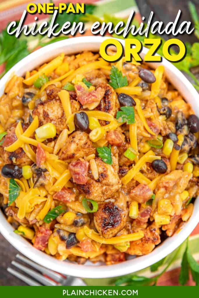 bowl of chicken enchilada orzo on a table with text overlay