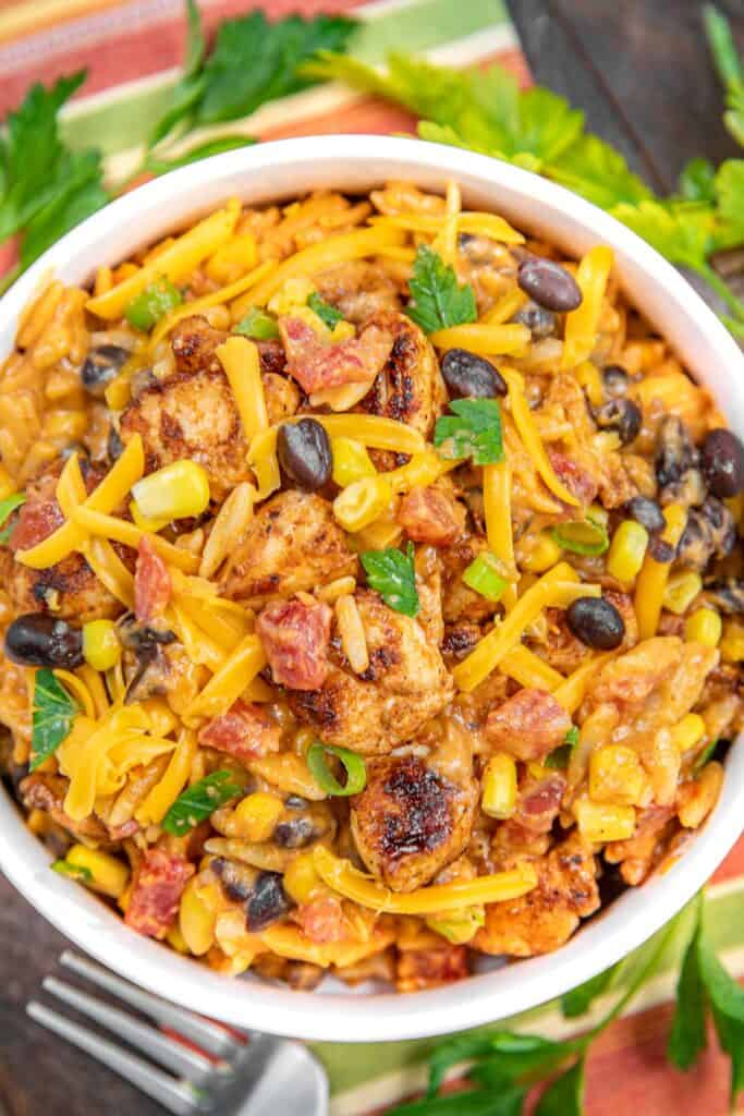 bowl of mexican chicken orzo