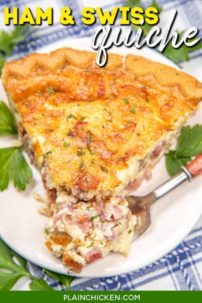 cutting into a slice of ham quiche with text overlay