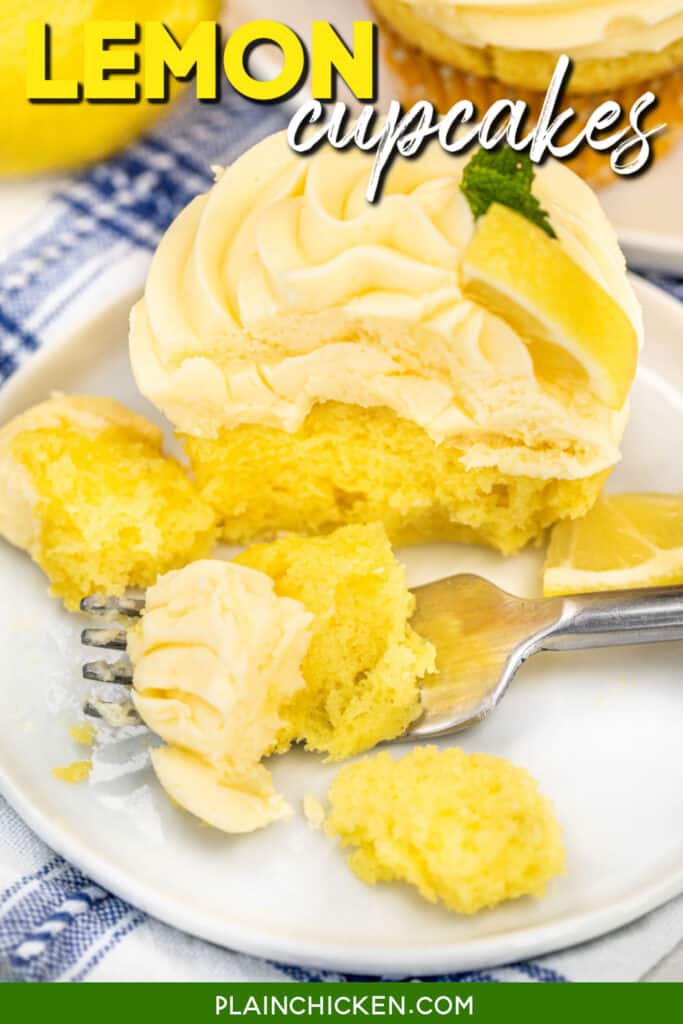 cutting into a lemon cupcake on a plate with text overlay