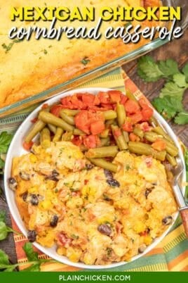 plate of chicken cornbread casserole with green beans on a table with text overlay