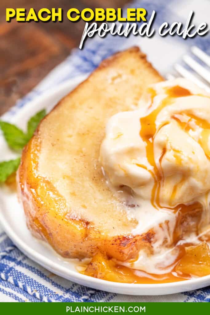 slice of peach cake topped with ice cream and caramel sauce on a plate with text overlay