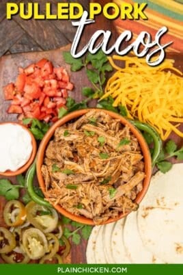 pulled pork taco meat on a platter with text overlay