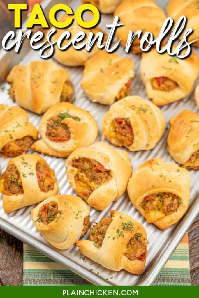 baking sheet of taco crescent rolls with text overlay