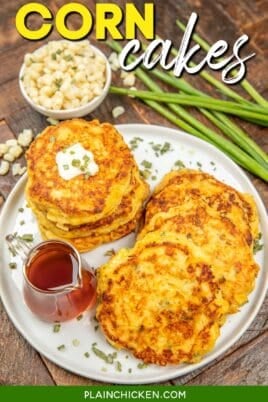 plate of corn cakes on a table with text overlay