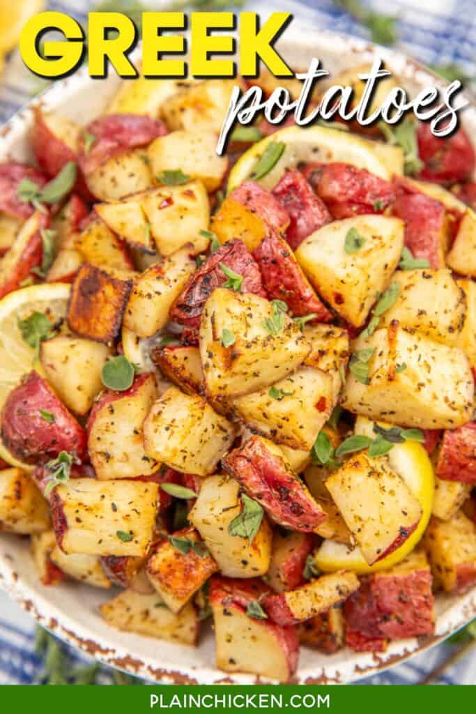 bowl of roasted potatoes on a table with text overlay